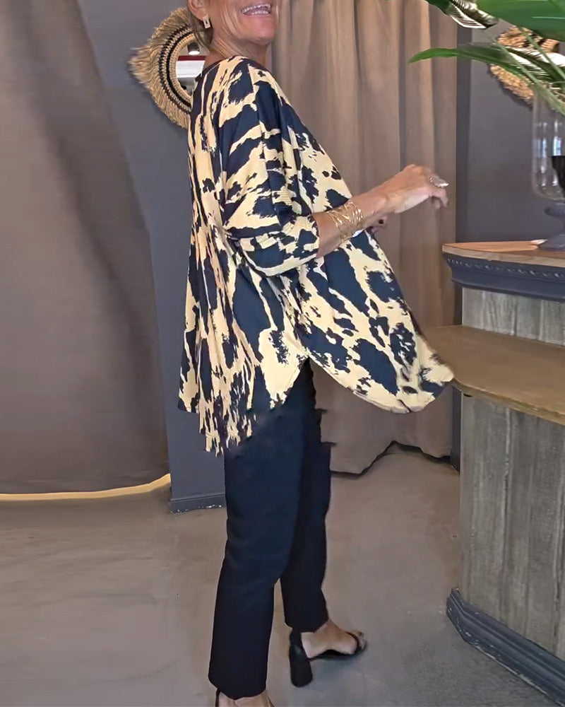 Printed Round Neck Blouse with Slit