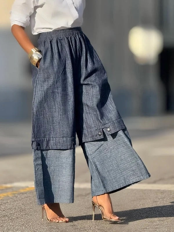 Loose-Fit Wide Leg Stretch Denim Trousers