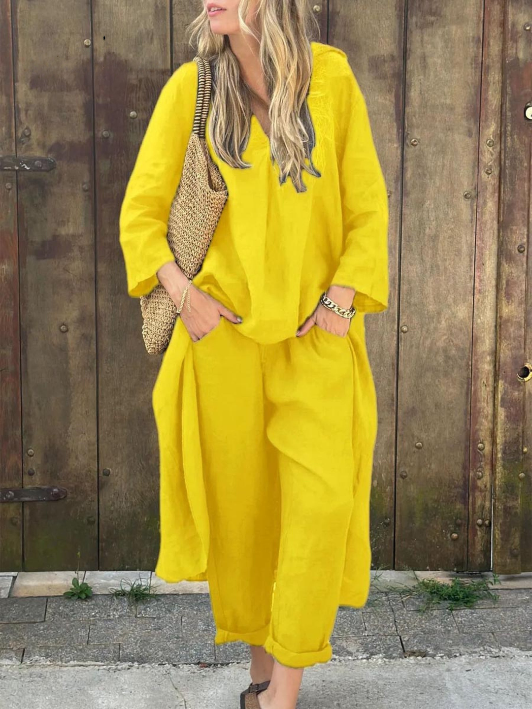 V-Neck Irregular Linen Top with High-Waisted Wide-Leg Pants Set featuring Pockets