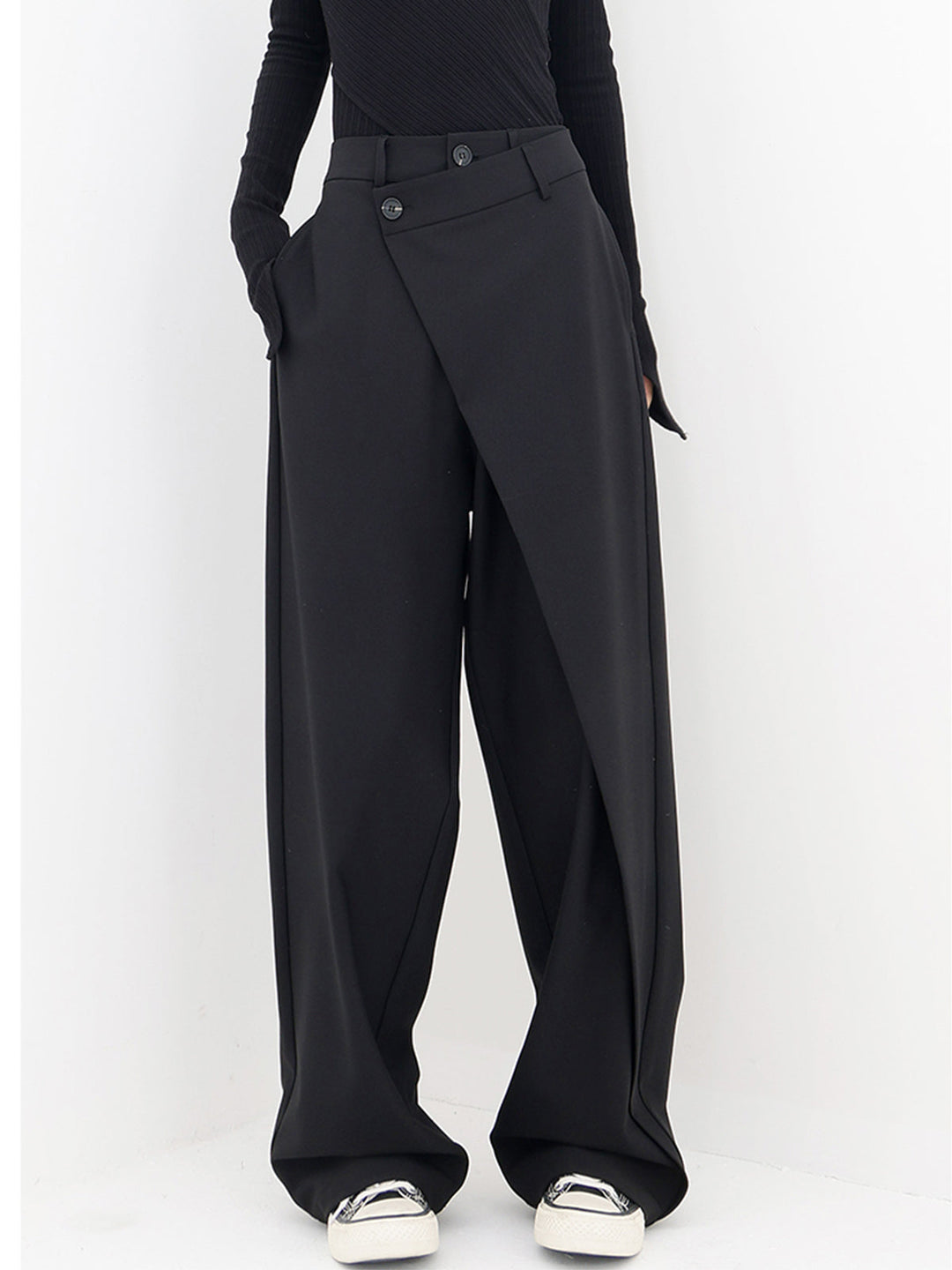 Asymmetrical Layered Button Detail Wide-Leg Baggy Pants