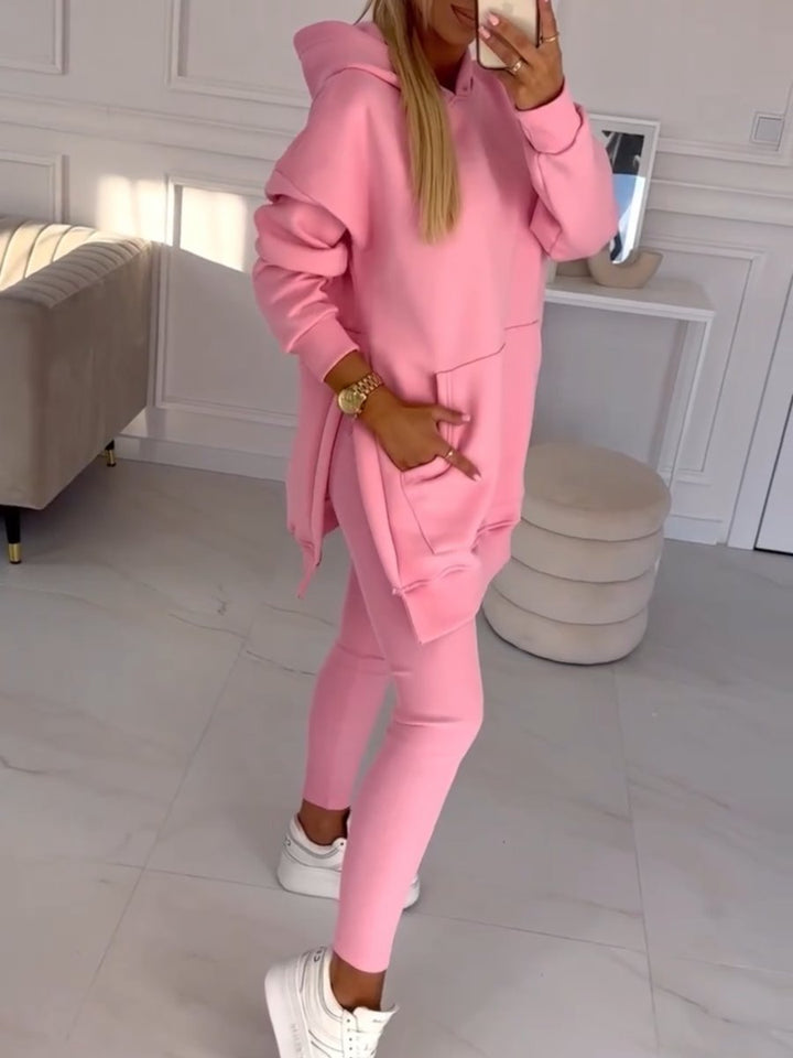 Chic Solid Color Hoodie and Lined Leggings Set