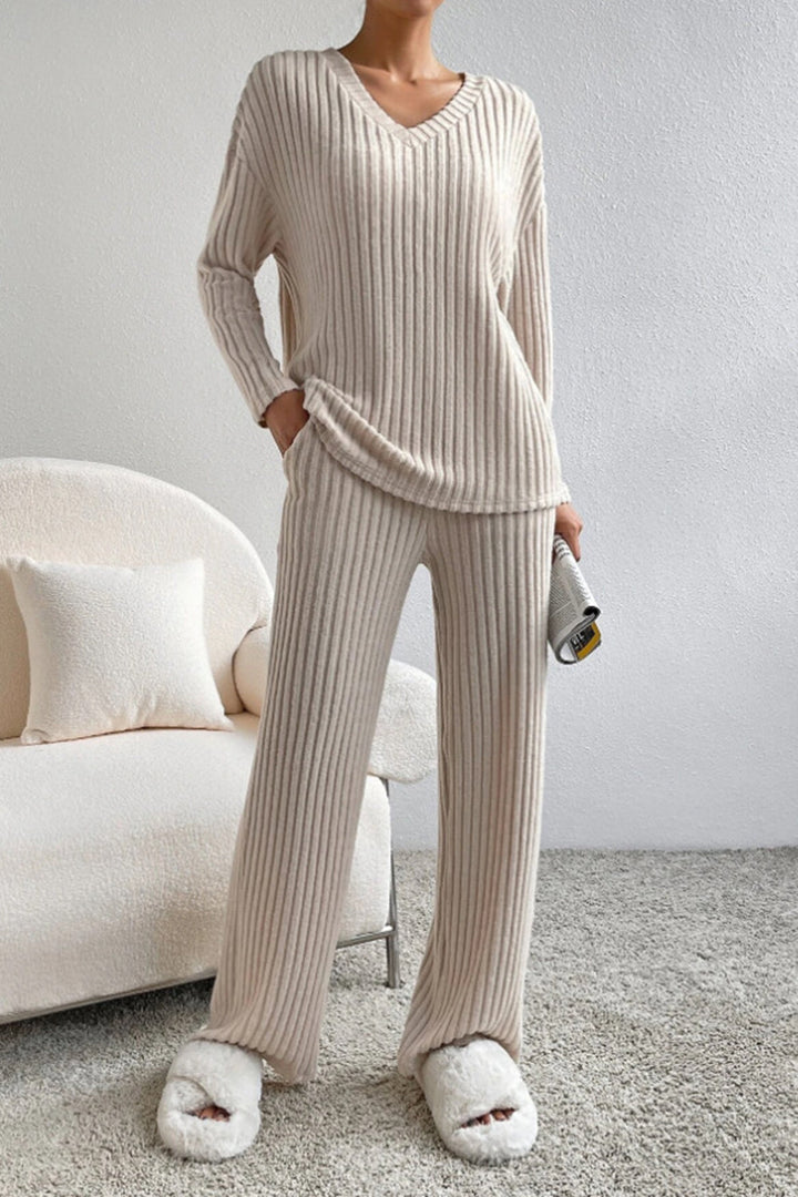 Ribbed V-Neck Top with Matching Pants Set