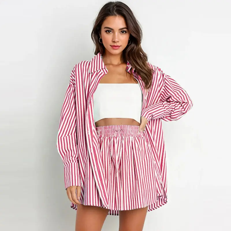 TIFY™ – Stylish Striped Collared Shirt & Wide-Leg Shorts Ensemble