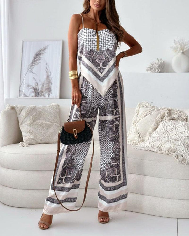 Chic Printed Lace-Up Vest and Pants Two-Piece Ensemble