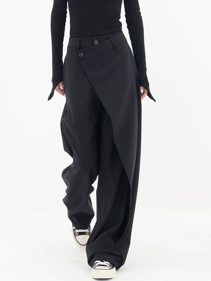 Asymmetrical Layered Button Detail Wide-Leg Baggy Pants