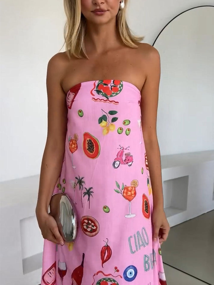 Vacation Print Dress with Pink Tube Top