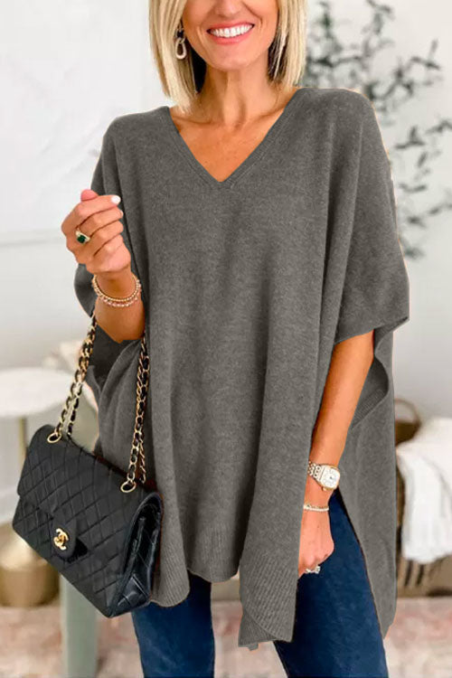 Stylish V-Neck Loose-Fit Solid Poncho Sweater