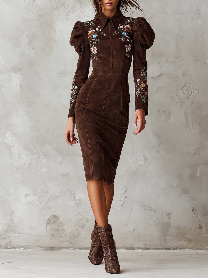 Embroidered Midi Dress with Puff Sleeves in Brown Suede