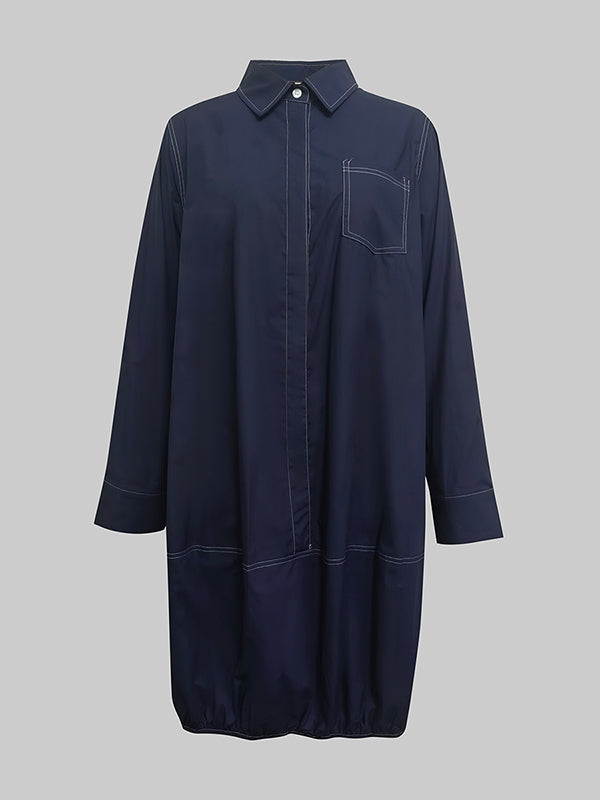 Solid Color Midi Dress with Long Sleeves, Loose Fit, Buttoned Pockets, and Lapel Collar