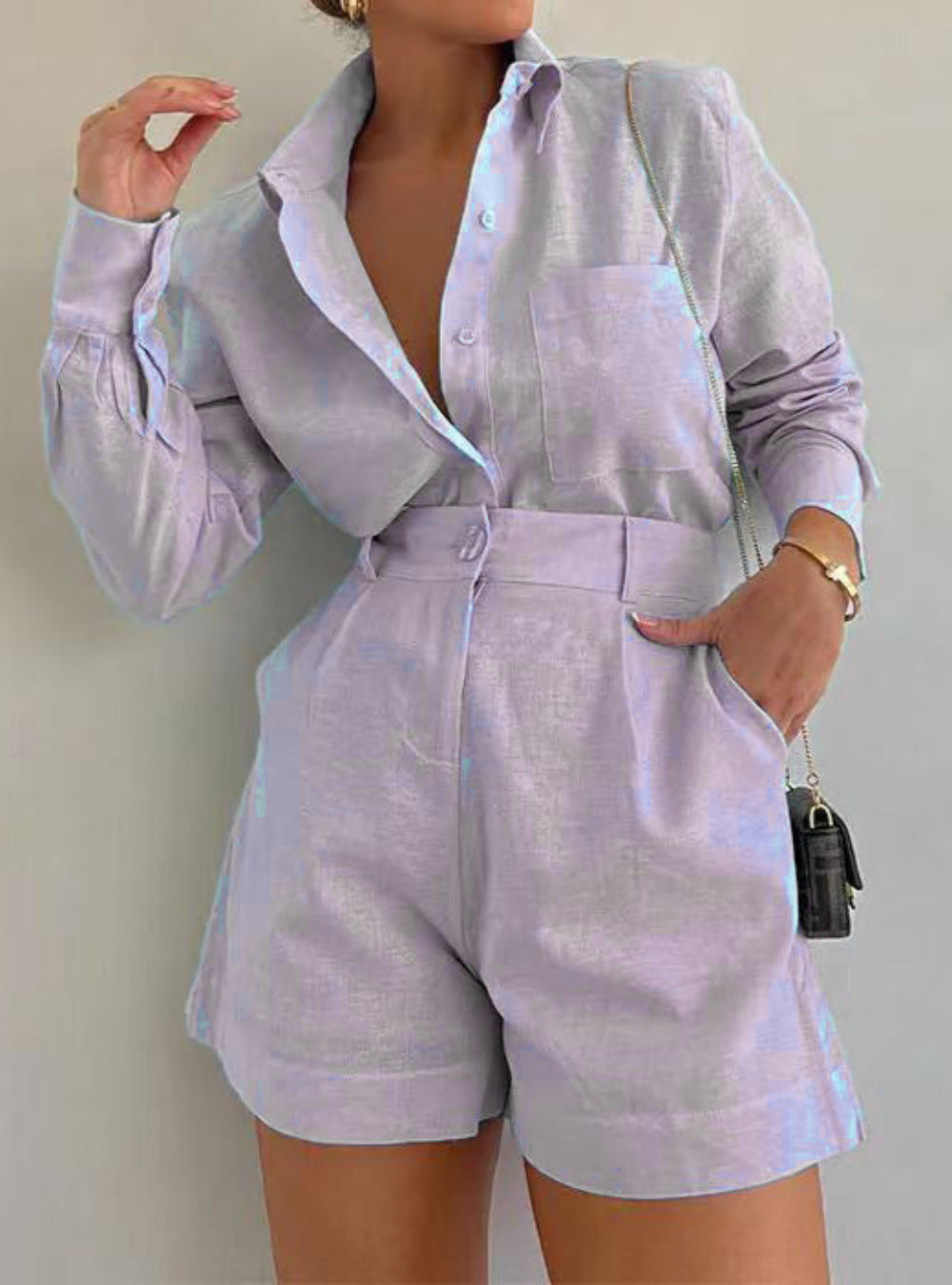 סט מכנסיים קצרים עם שרוולים ארוכים בגזרה נינוחה מכותנה ופשתן