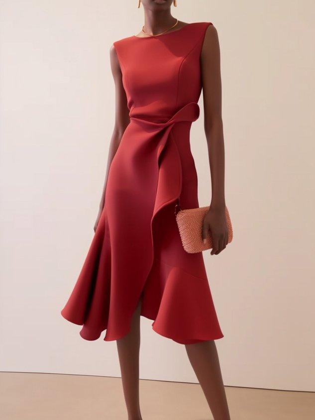 Elegant Red A-Line Midi Dress with Waist Twist - Perfect for Day to Night