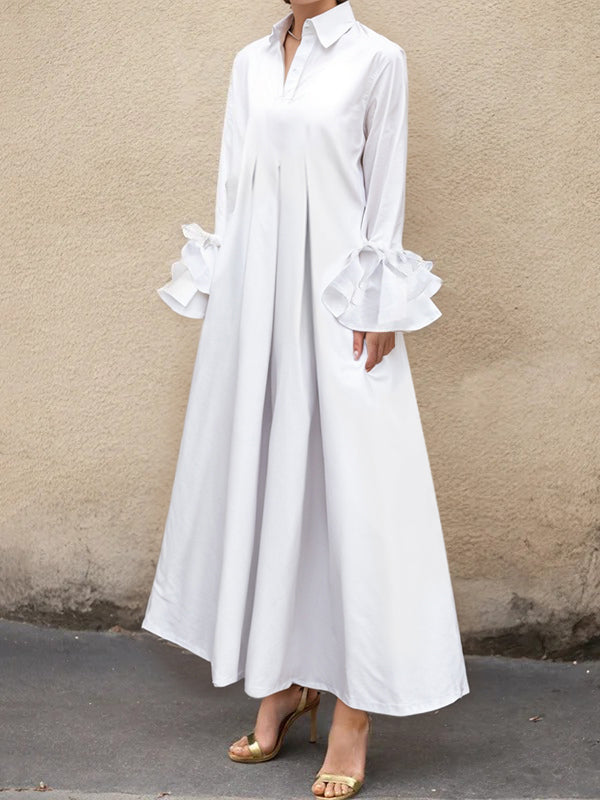 Maxi Shirt Dress with Flared Sleeves, Pleated Design, and Split-Joint Lapel