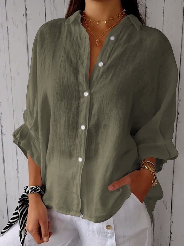 Solid Color Casual Shirt in Cotton and Linen Blend