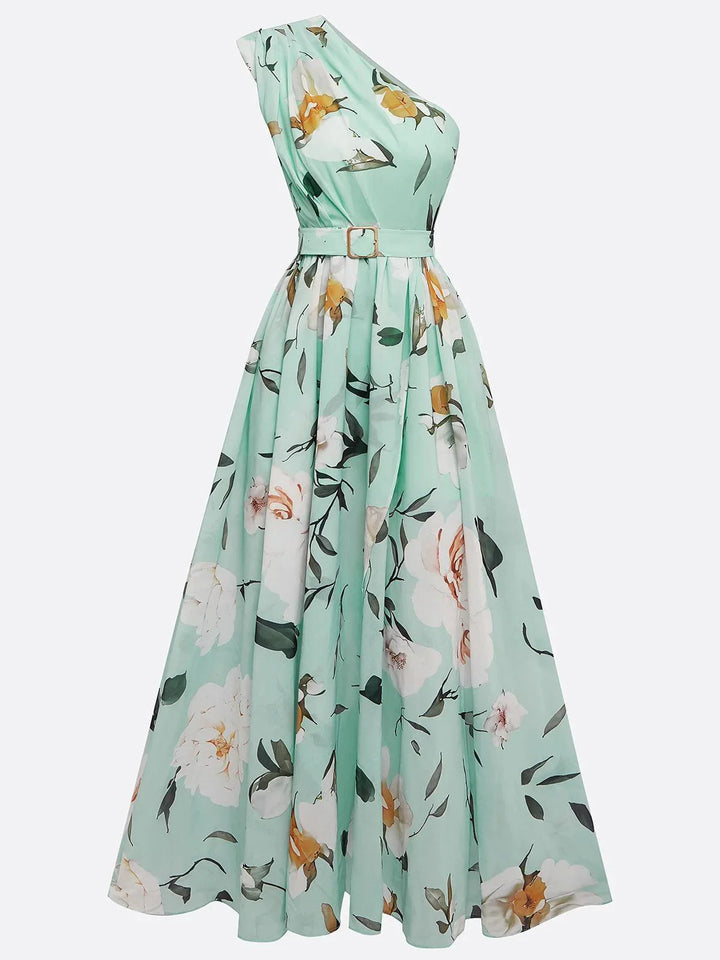 Light Green Floral One-Shoulder A-Line Maxi Dress with Ruched Details