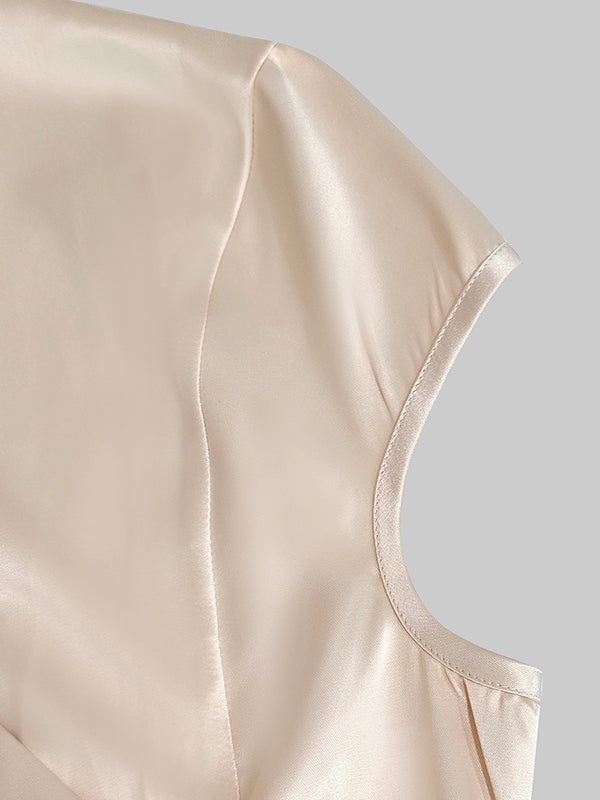 V-Neck Button-Up Vest Top with Cap Sleeves in Solid Color