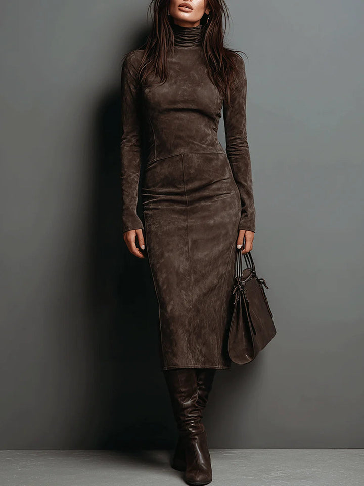Chic High Neck Long Sleeve Suede Midi Dress