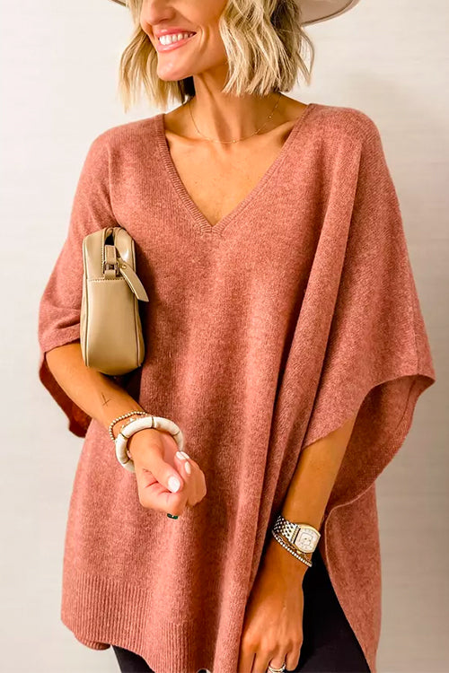 Stylish V-Neck Loose-Fit Solid Poncho Sweater