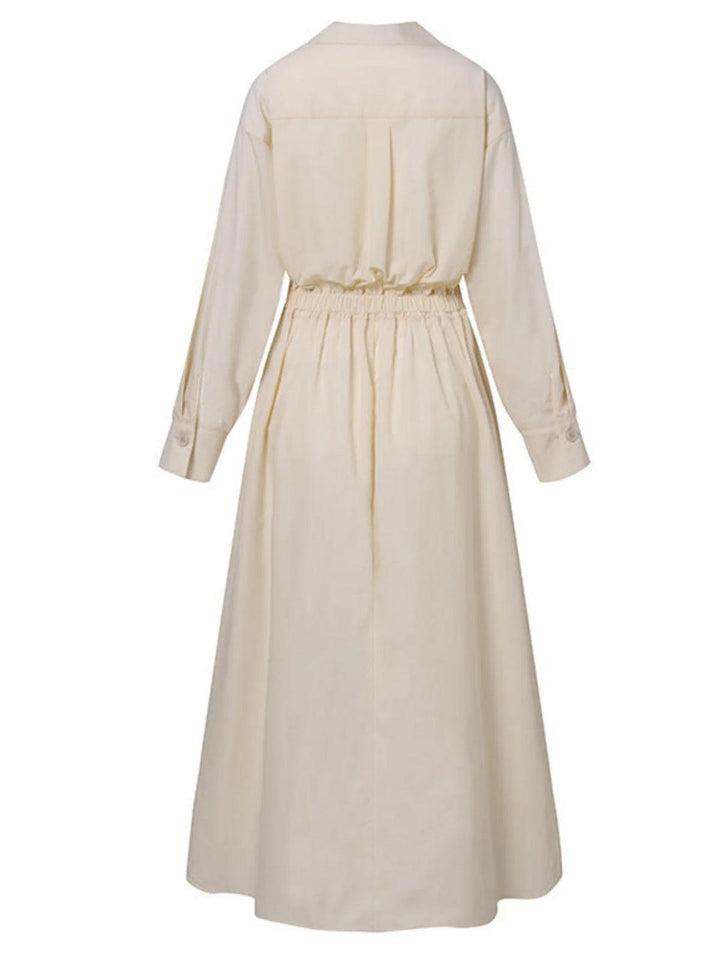 Chic Midi Dress with Pocket, Button Detail, and Lapel Collar