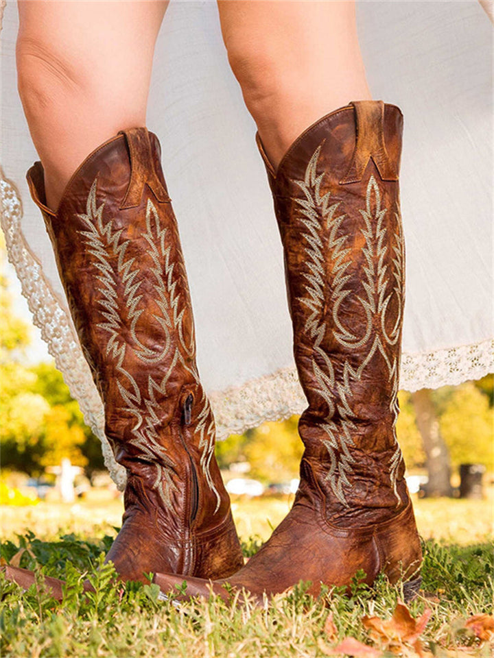 Retro Western Cowboy Knee-High Boots with Embroidery