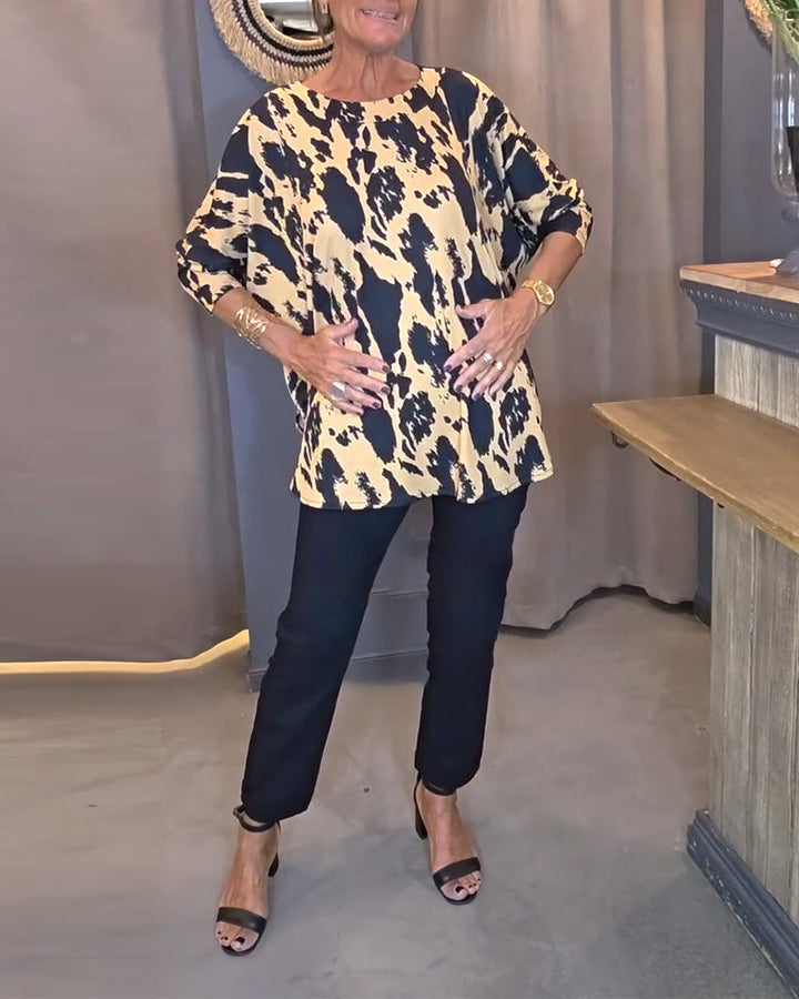 Printed Round Neck Blouse with Slit