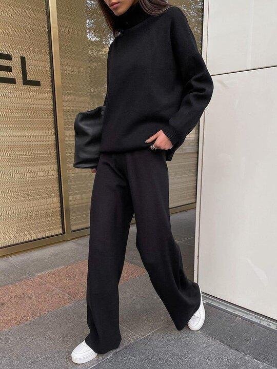 סט טרקלין סרוג בצבע אחיד בגזרה נינוחה