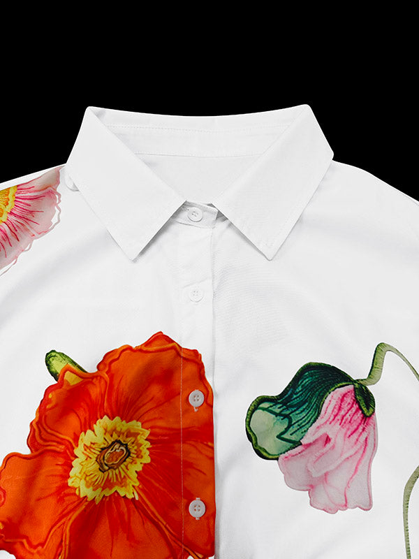 Flared Sleeve Floral Print Long Sleeve Blouse with Tied Stand Collar