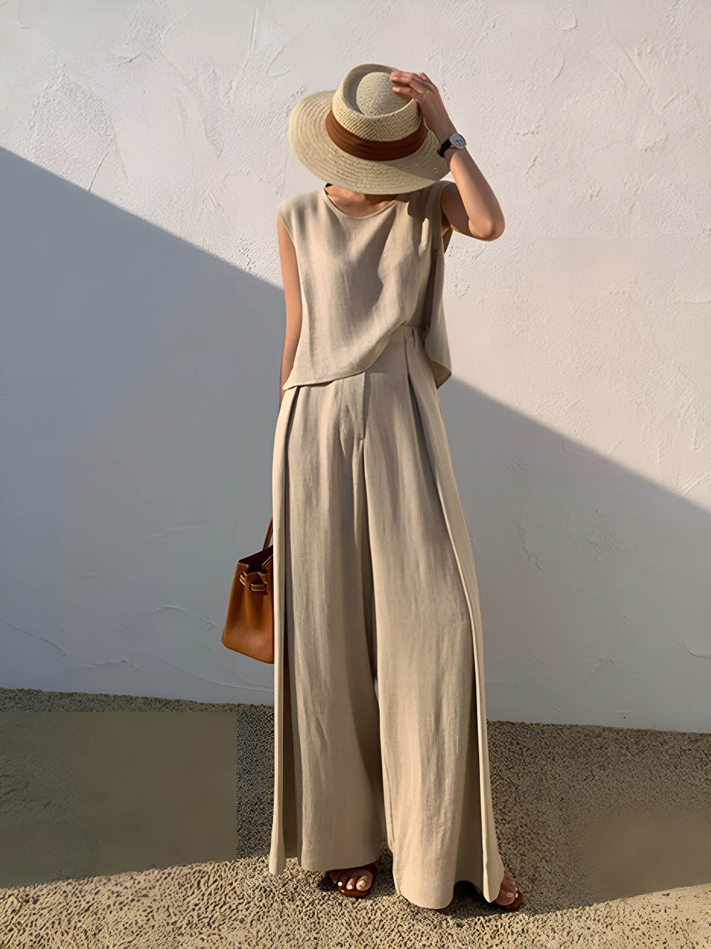 סט מכנסיים מזדמן מתערובת פשתן