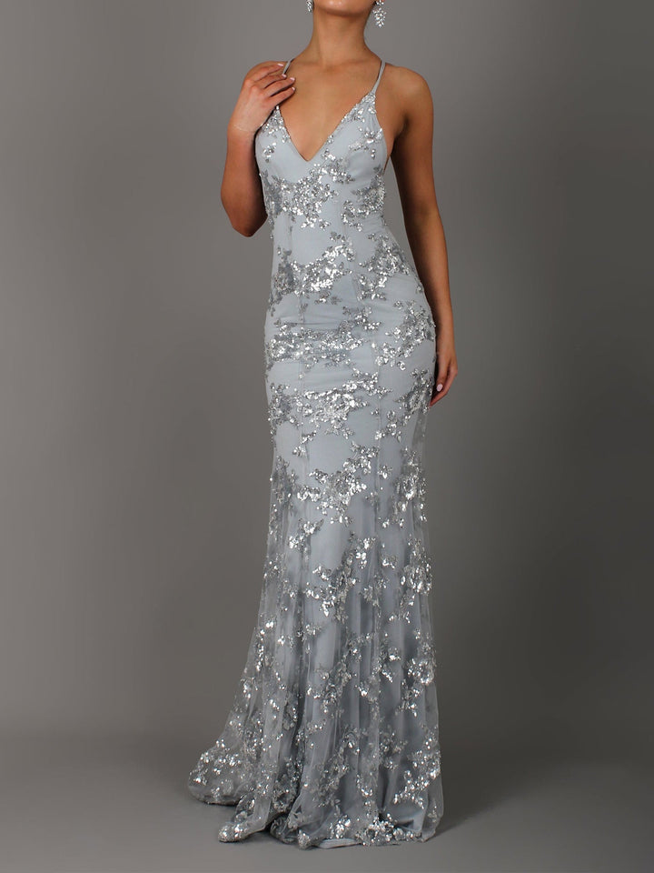 Backless Maxi Dress with Sequin V-Neck