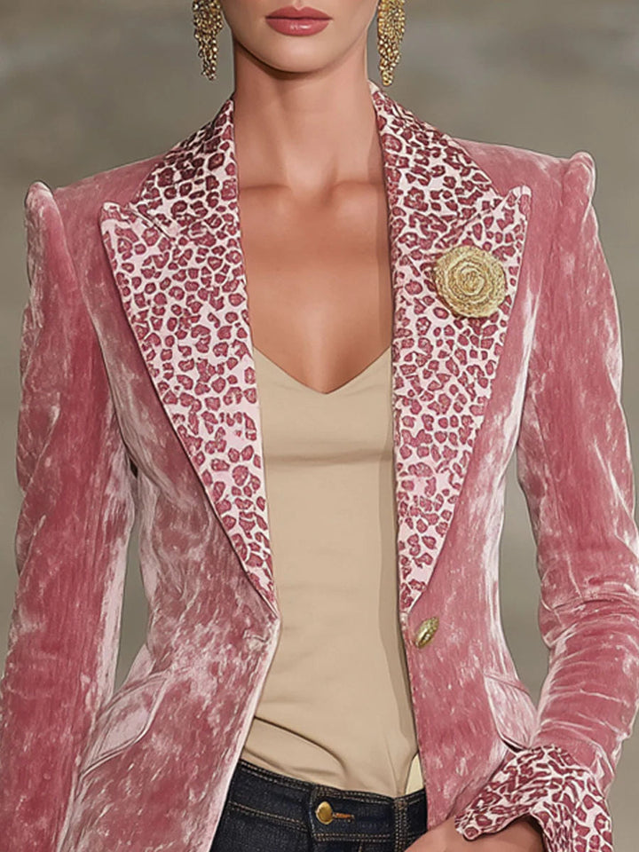 Velvet Blazer with Contrast Lapel and Leopard Print