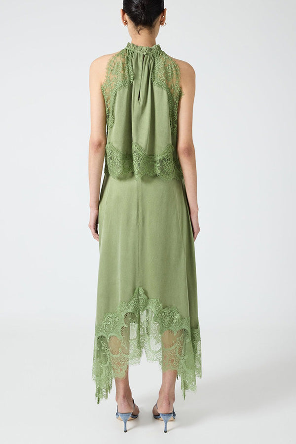 Lace-Trimmed Pleated Collar Top with Asymmetrical Slit Skirt Set