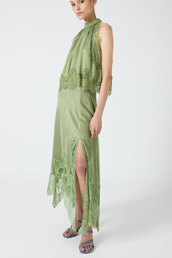 Lace-Trimmed Pleated Collar Top with Asymmetrical Slit Skirt Set