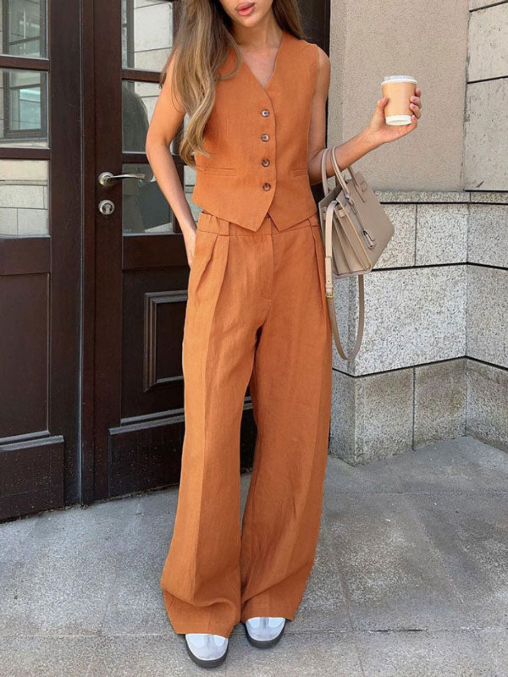 Timeless V-Neck Pleated Wide-Leg Cotton and Linen Pant Suit