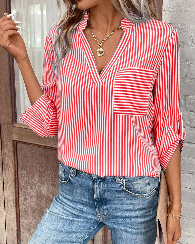 Striped Print V-Neck Casual Blouse