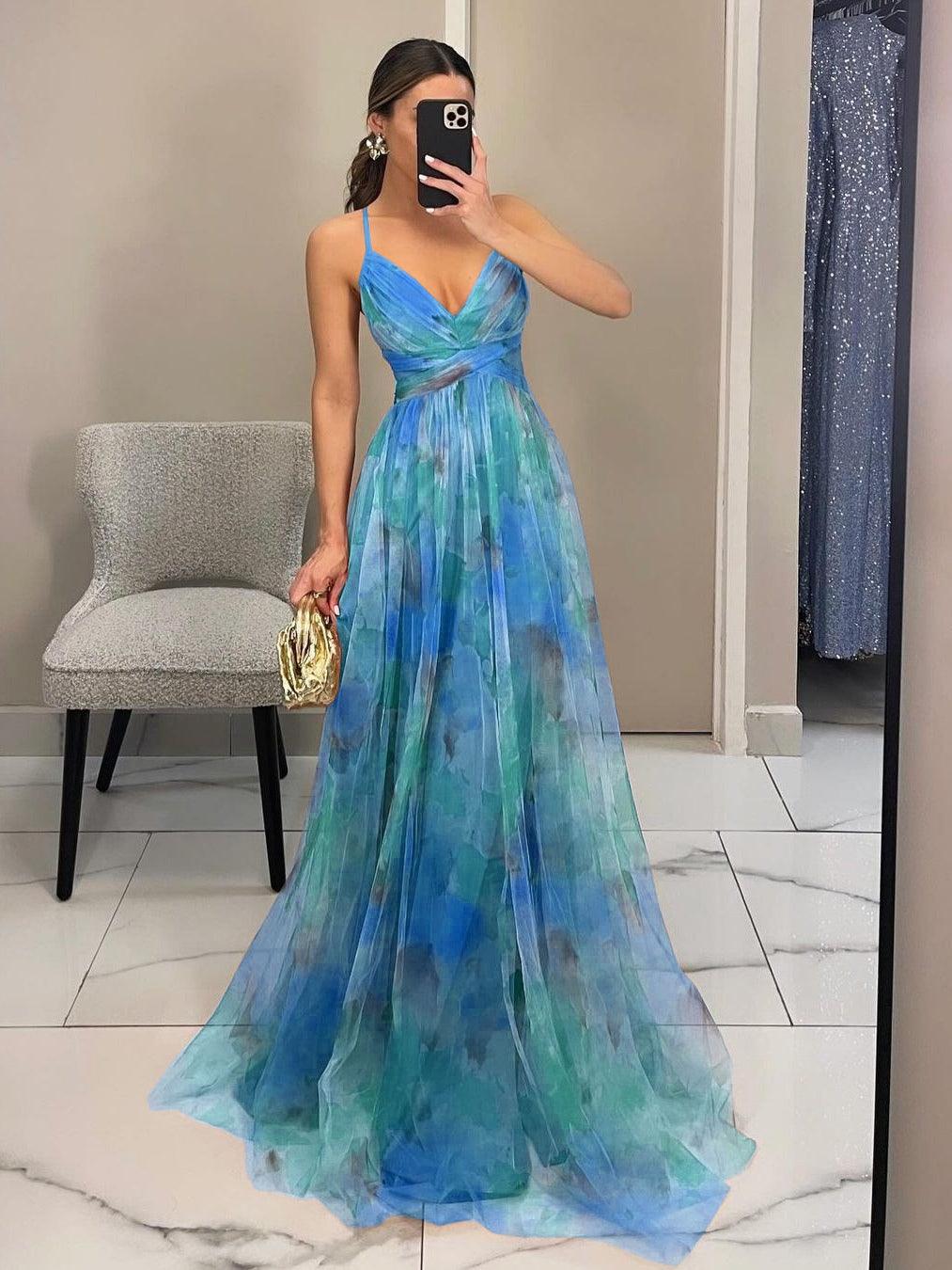 Chic V-Neck A-Line Maxi Dress with Elegant Floral Print