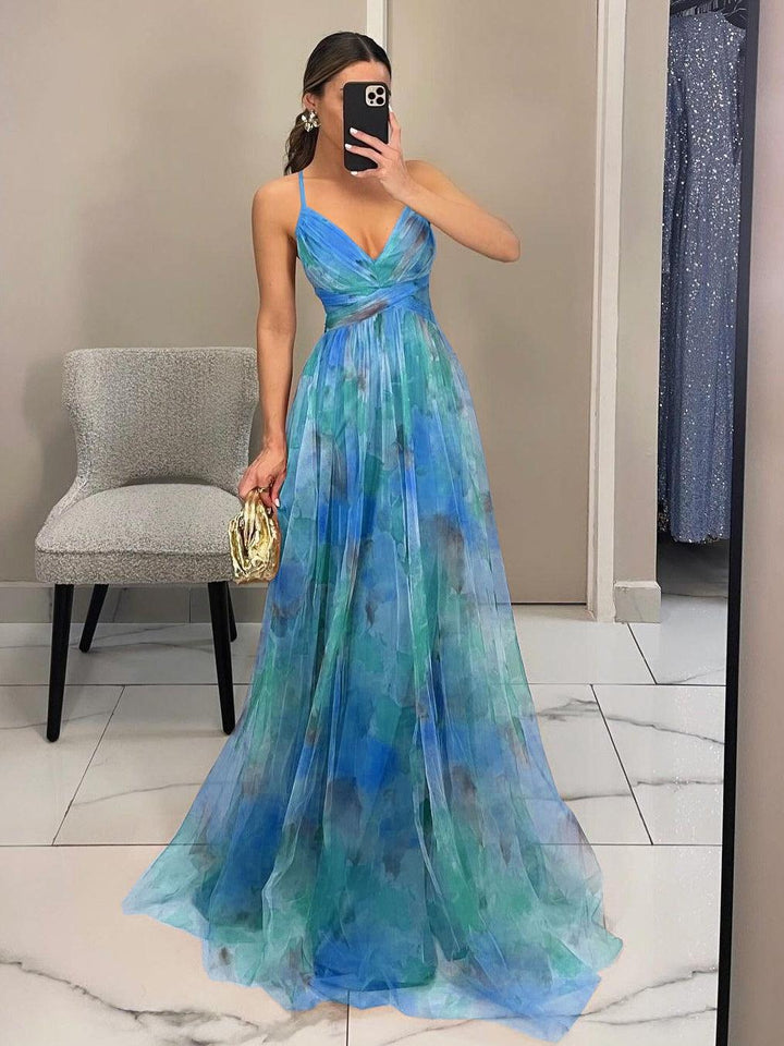 Chic V-Neck A-Line Maxi Dress with Elegant Floral Print