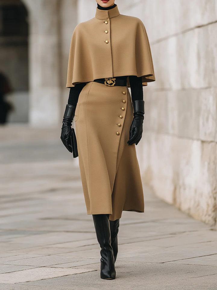 Classic Camel Cape and Skirt Set in Old Money Style (Belt Not Included)