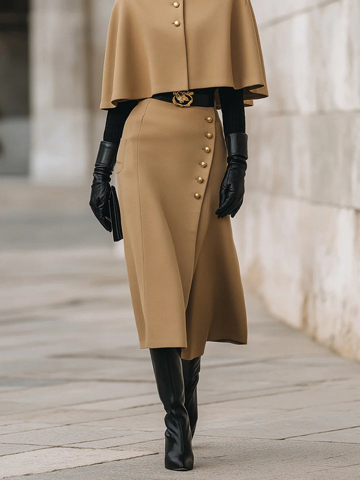 Classic Camel Cape and Skirt Set in Old Money Style (Belt Not Included)