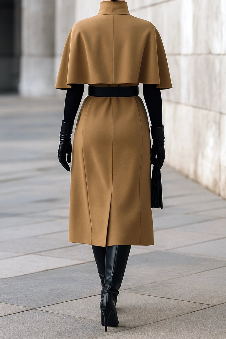 Classic Camel Cape and Skirt Set in Old Money Style (Belt Not Included)