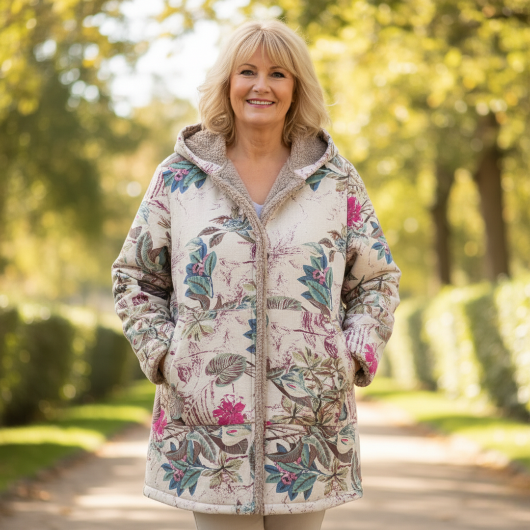 אמילי – מעיל חורף עם קפוצ'ון והדפס פרחוני