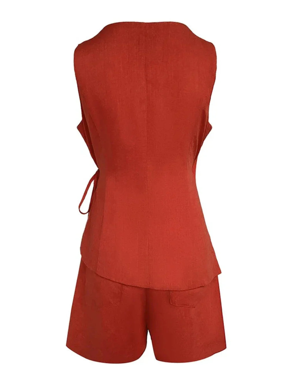סט טופ ללא שרוולים עם צווארון V מפשתן ומכנסיים קצרים רגועים