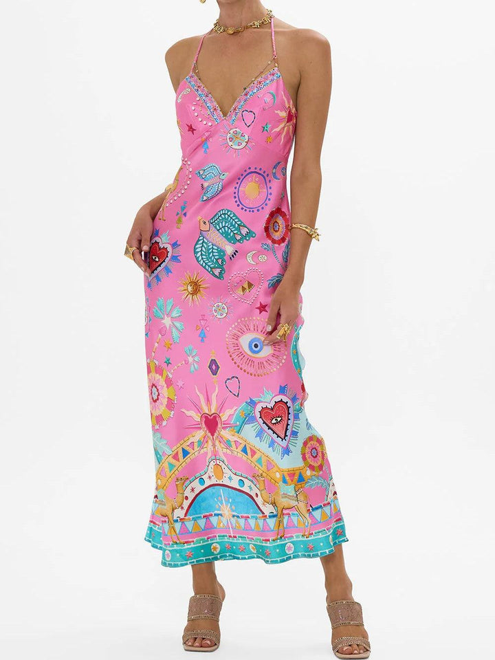 Printed Satin Midi Dress with Open Back