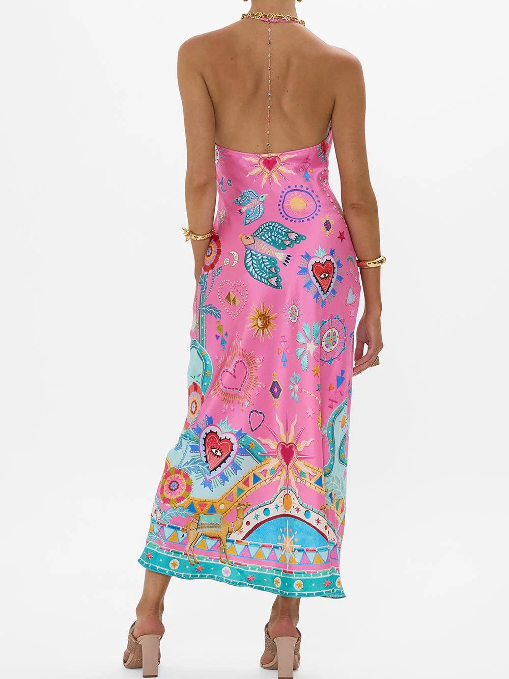 Printed Satin Midi Dress with Open Back