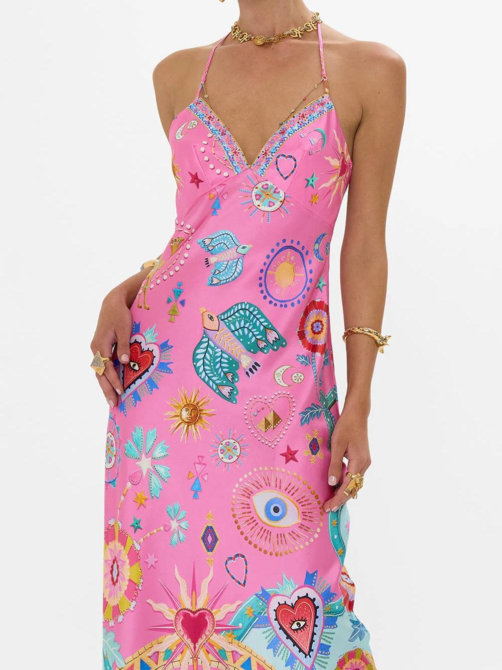 Printed Satin Midi Dress with Open Back