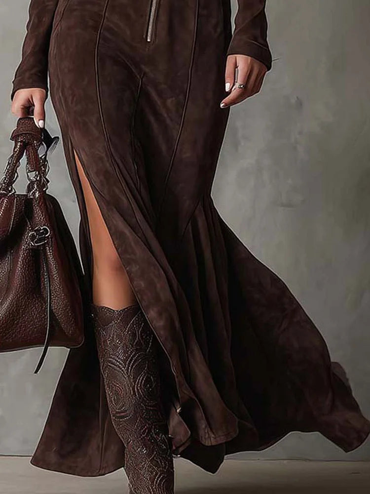 Retro Brown Zippered Maxi Dress with Belt