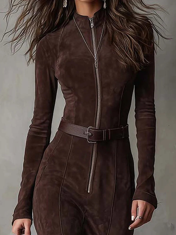 Retro Brown Zippered Maxi Dress with Belt