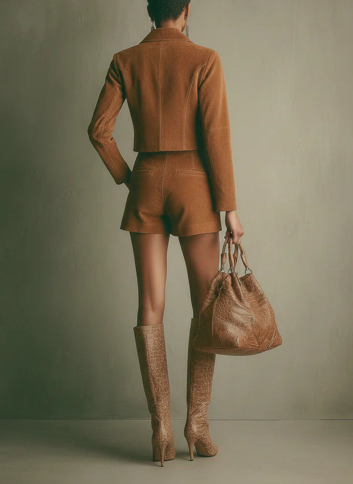 Faux Suede Cropped Jacket with High-Waisted Shorts Ensemble