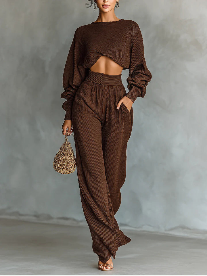 Coffee-Hued Knit Set: Short Top with Wide-Leg Pants