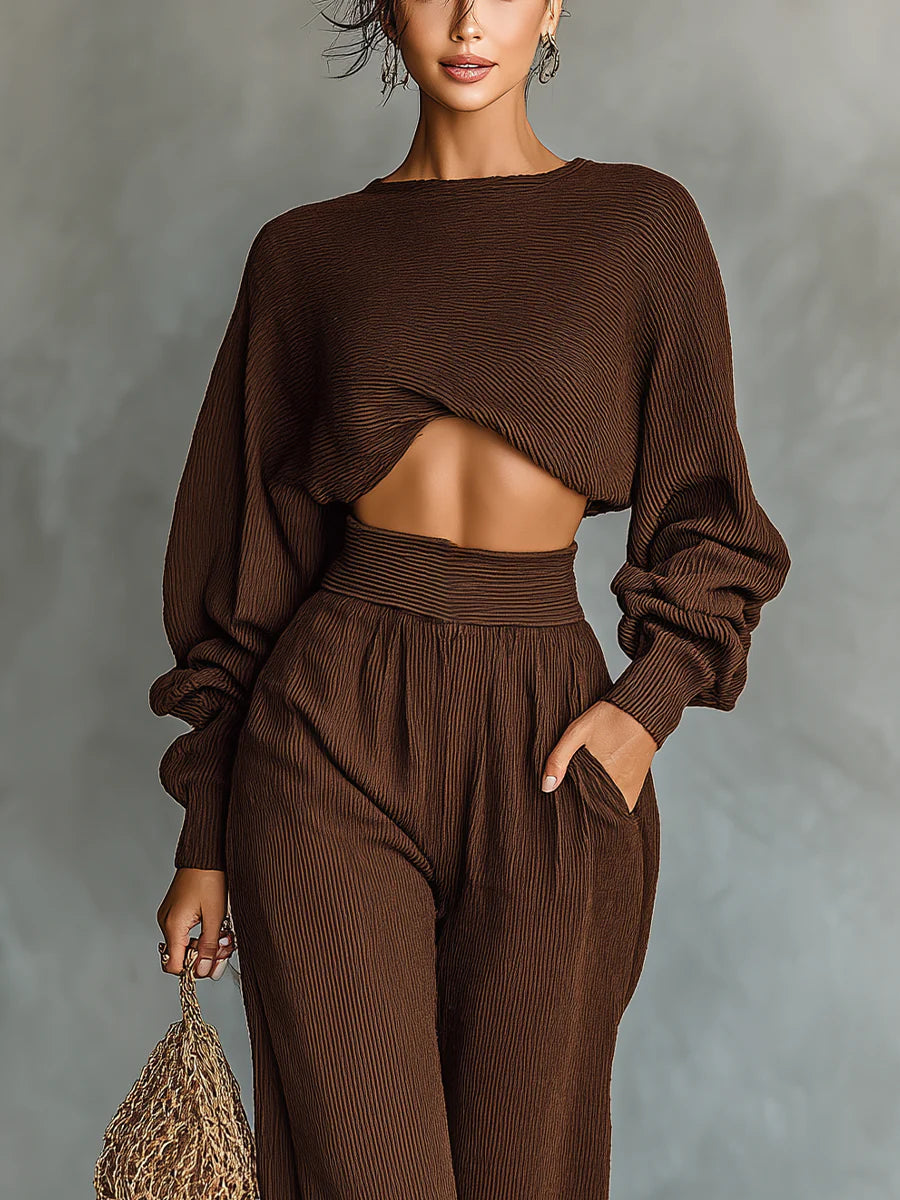 Coffee-Hued Knit Set: Short Top with Wide-Leg Pants