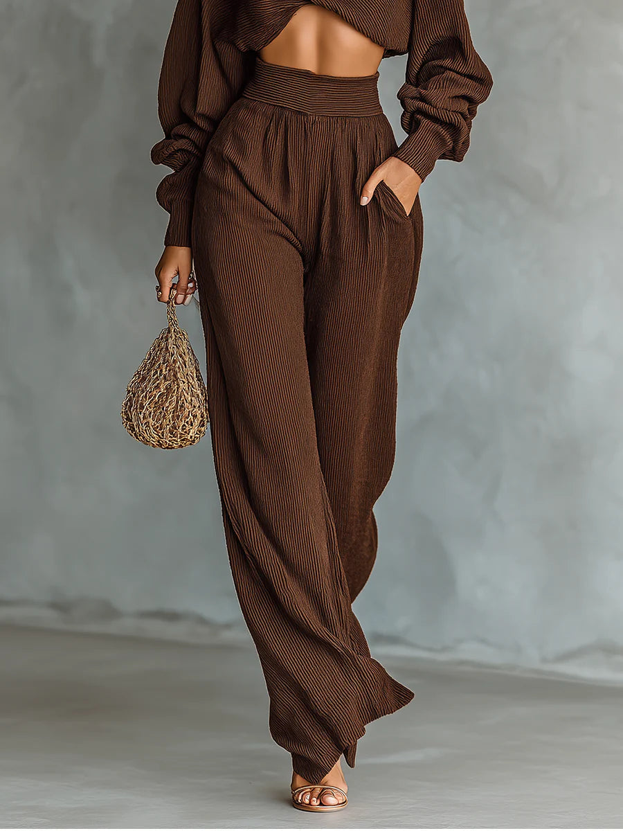 Coffee-Hued Knit Set: Short Top with Wide-Leg Pants