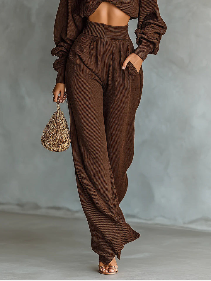 Coffee-Hued Knit Set: Short Top with Wide-Leg Pants